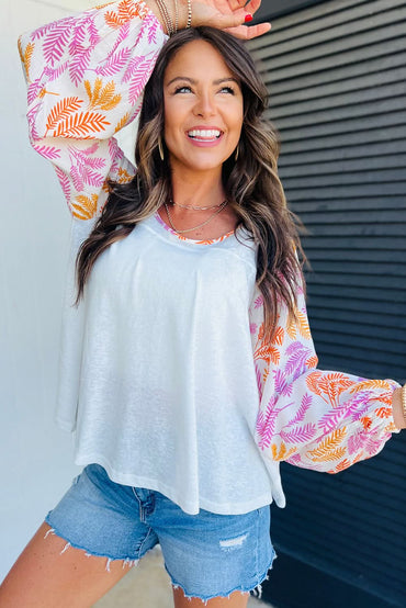 White Tropical Leaf Printed Patchwork Sleeve Round Neck Top - Love Salve 