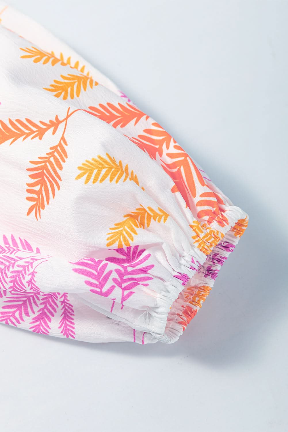 White Tropical Leaf Printed Patchwork Sleeve Round Neck Top - Love Salve 