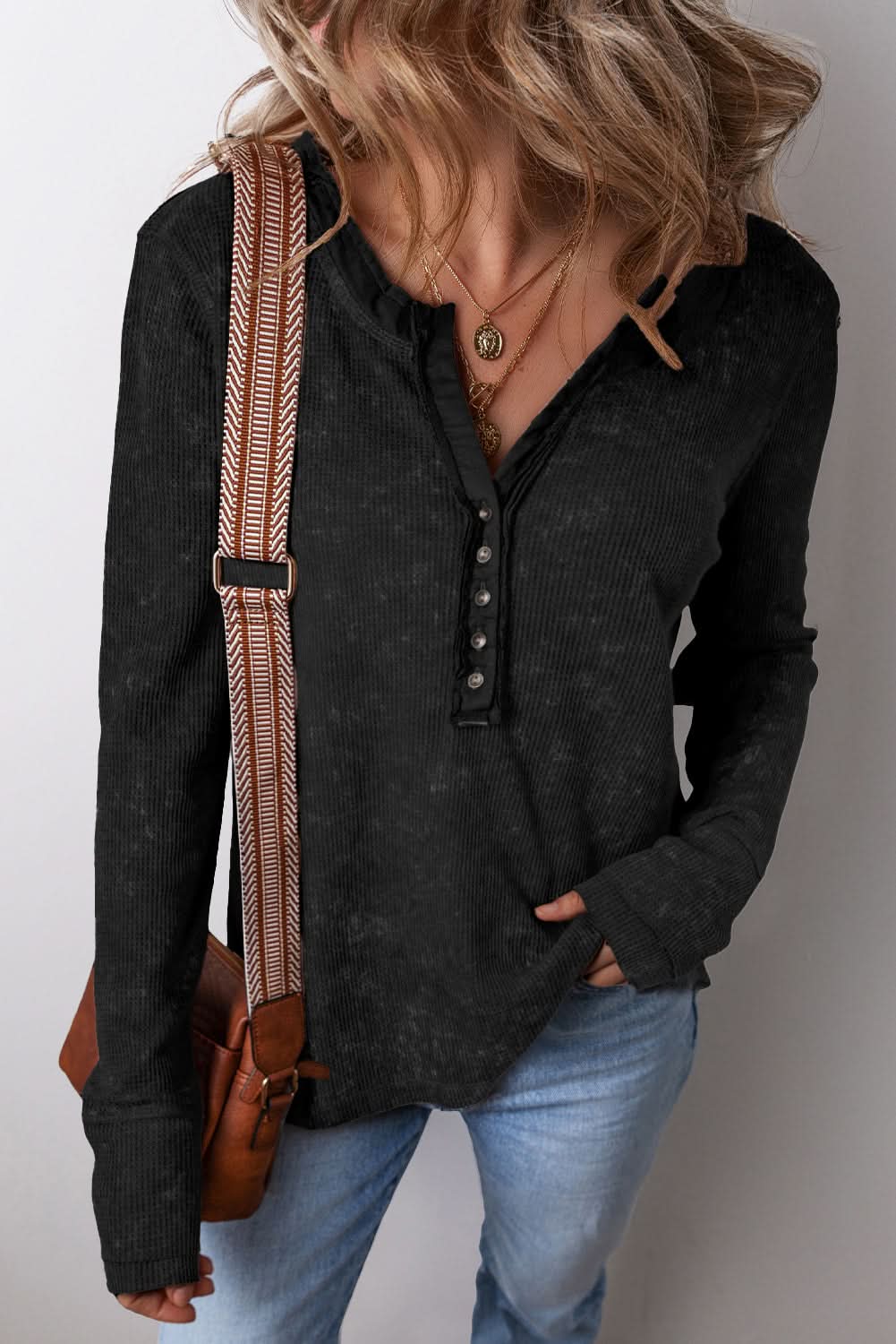 Chic black acid wash long sleeve top - Love Salve 