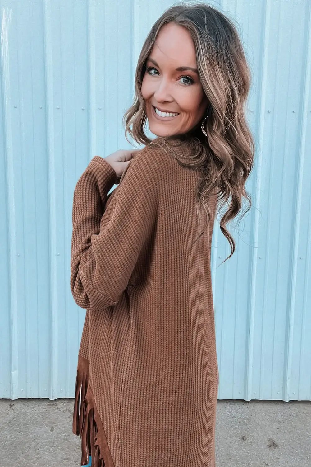 Chic coffee knit top with fringe - Love Salve 
