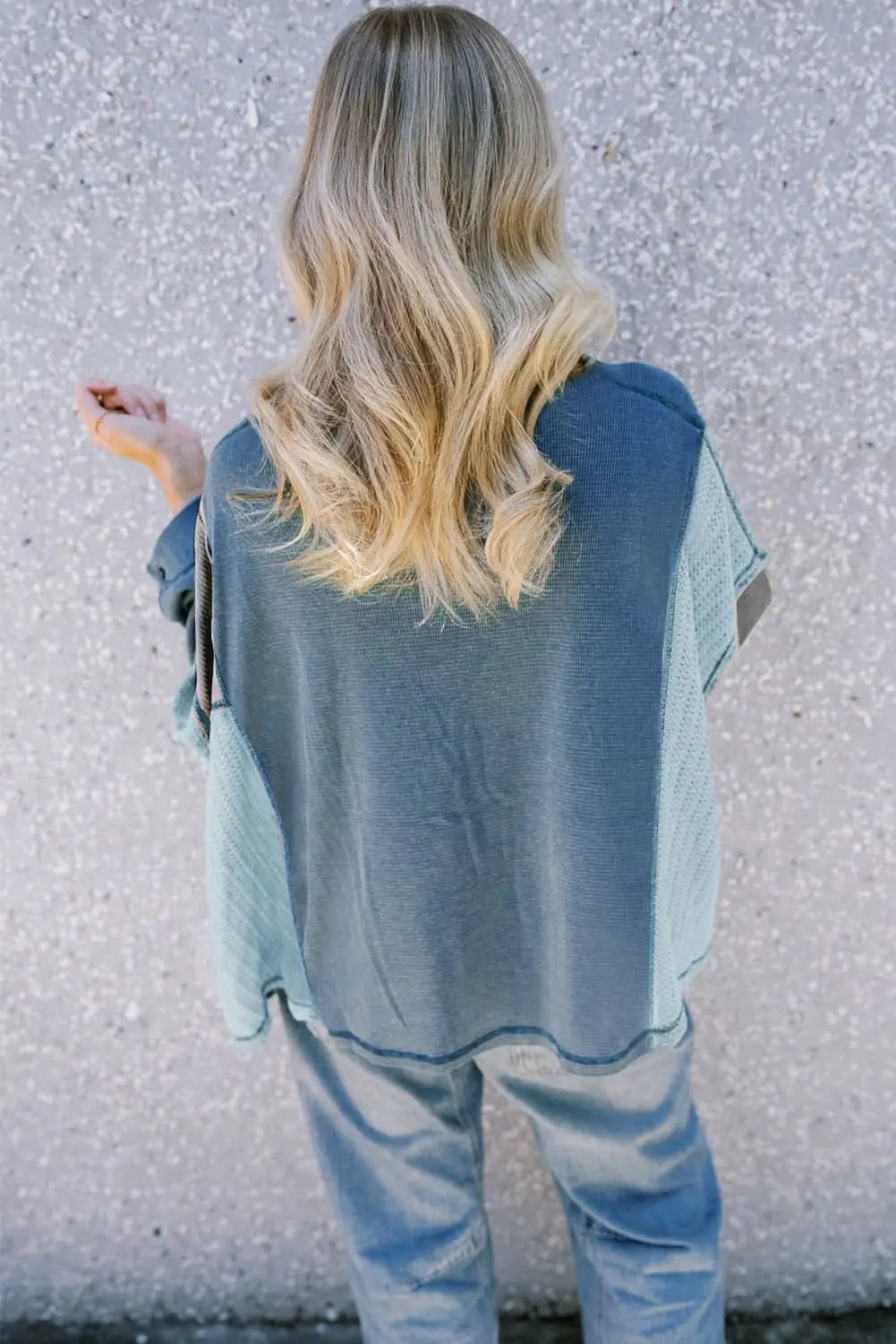 Dusk Blue Colorblock Stitching Patchwork Buttoned Long Sleeve Top - Love Salve 