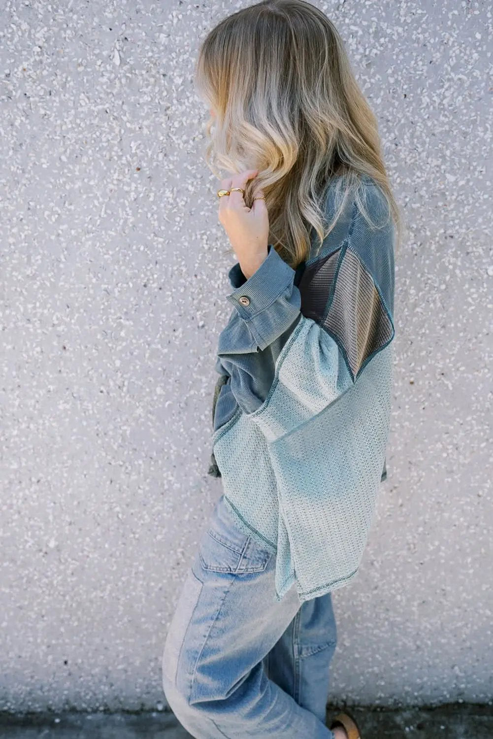 Dusk Blue Colorblock Stitching Patchwork Buttoned Long Sleeve Top - Love Salve 