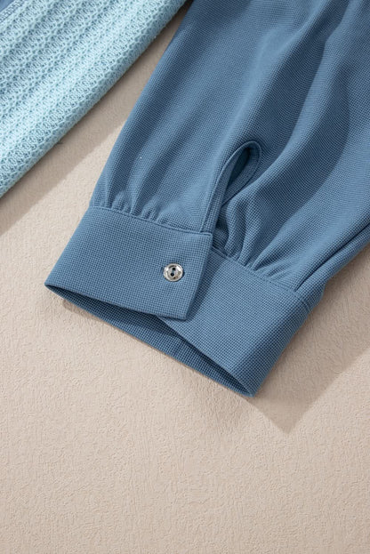 Dusk Blue Colorblock Stitching Patchwork Buttoned Long Sleeve Top - Love Salve 