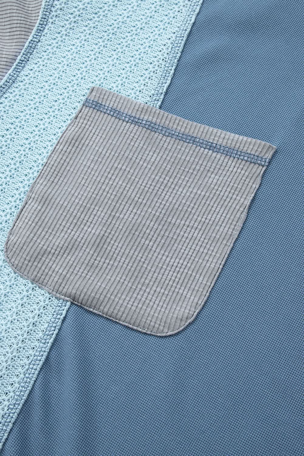 Dusk Blue Colorblock Stitching Patchwork Buttoned Long Sleeve Top - Love Salve 