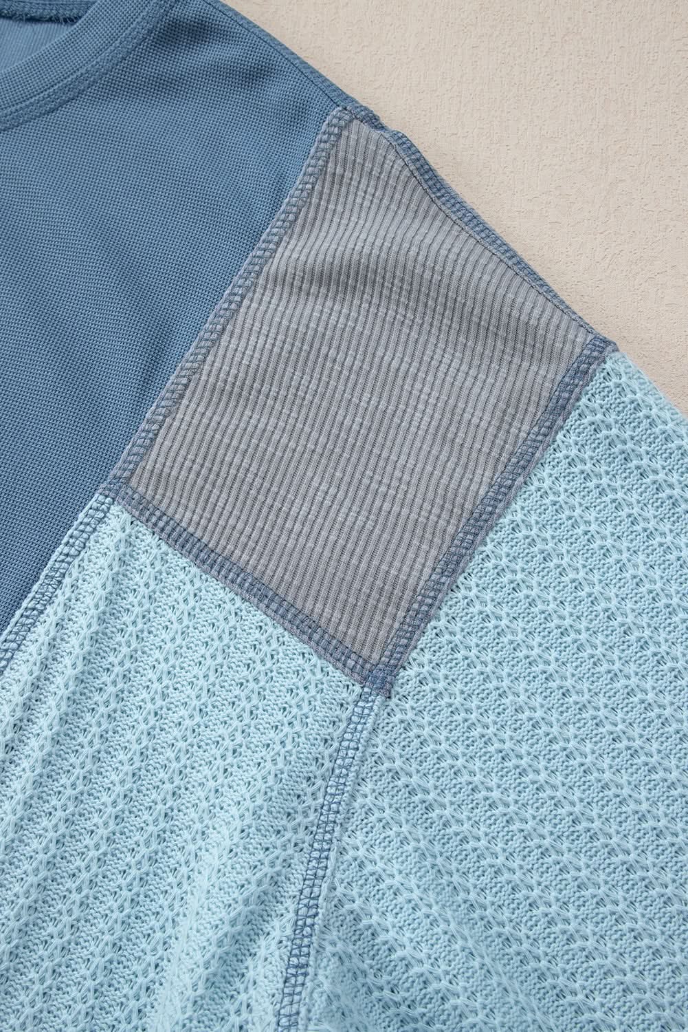 Dusk Blue Colorblock Stitching Patchwork Buttoned Long Sleeve Top - Love Salve 