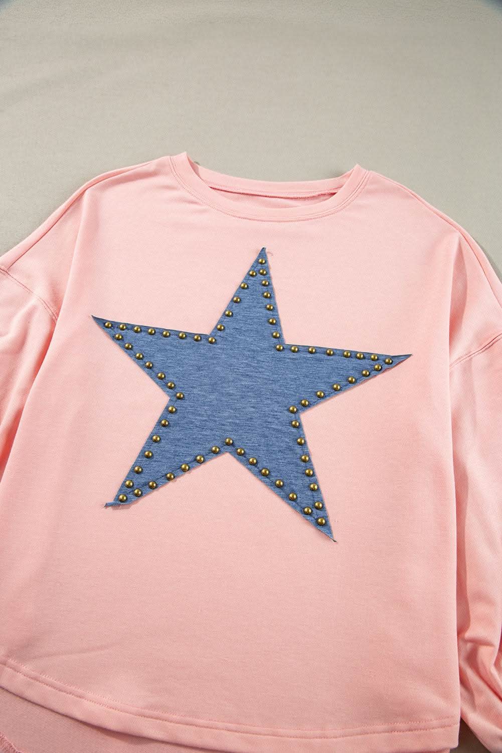 Gossamer Pink Studded Star Graphic Oversized Long Sleeve Top - Love Salve 