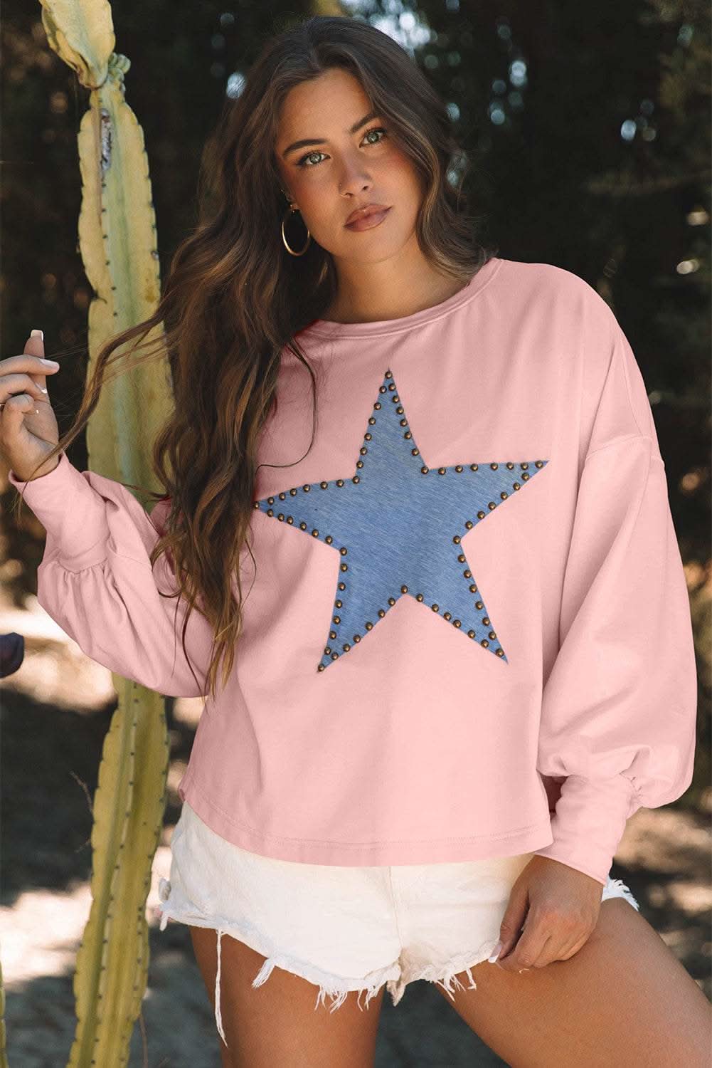 Gossamer Pink Studded Star Graphic Oversized Long Sleeve Top - Love Salve 