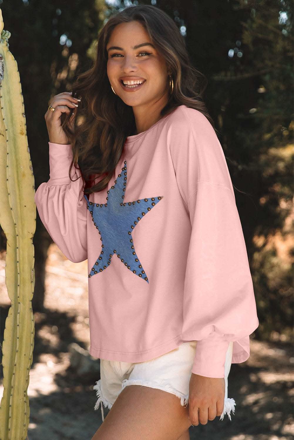 Gossamer Pink Studded Star Graphic Oversized Long Sleeve Top - Love Salve 