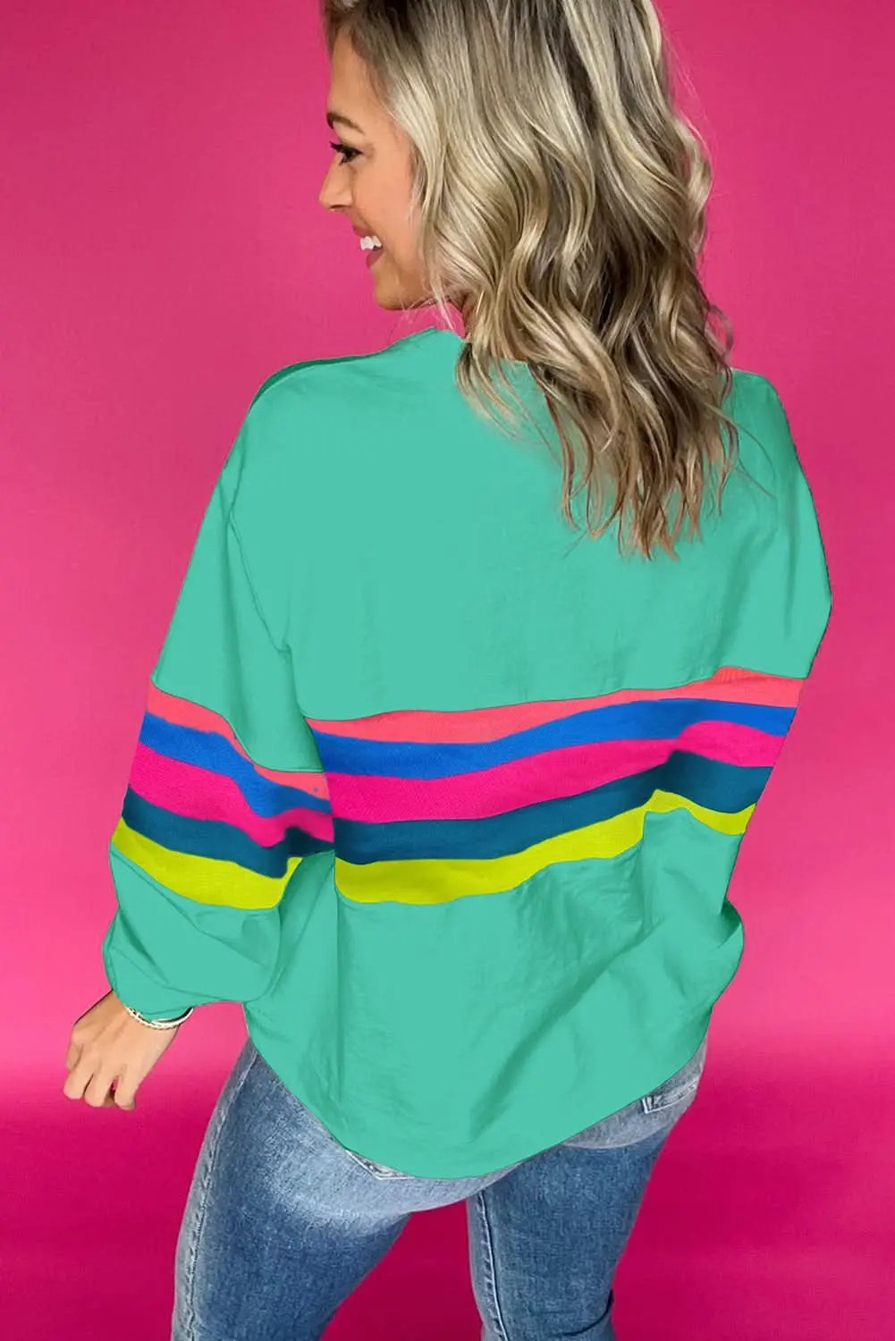 Green Colorful Striped Accent Long Sleeve T Shirt - Love Salve 