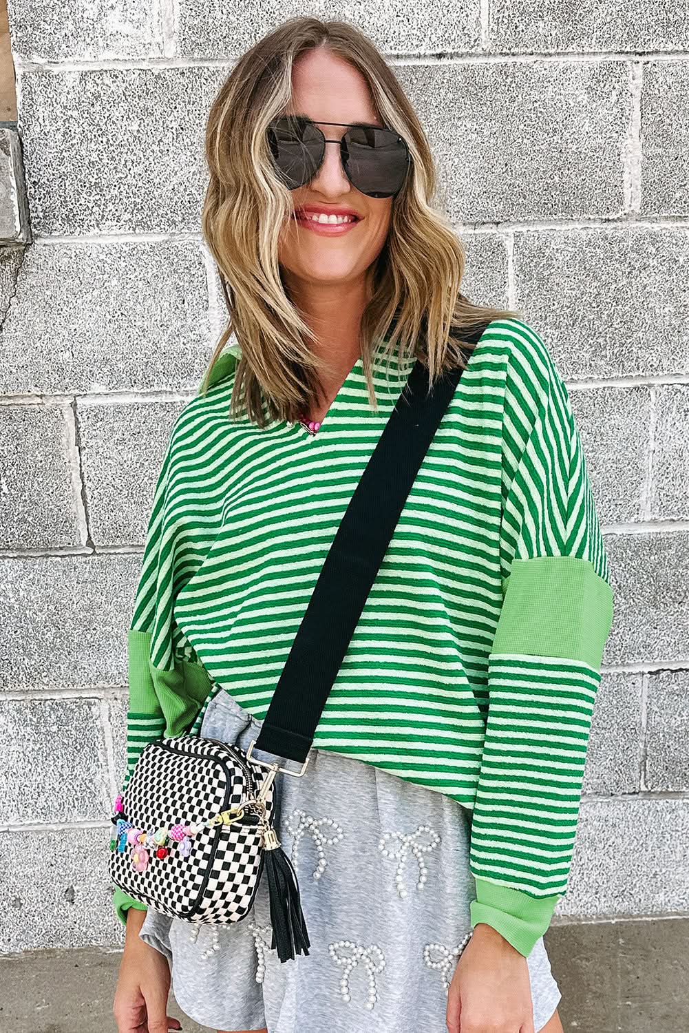 Chic green striped v-neck top - Love Salve 