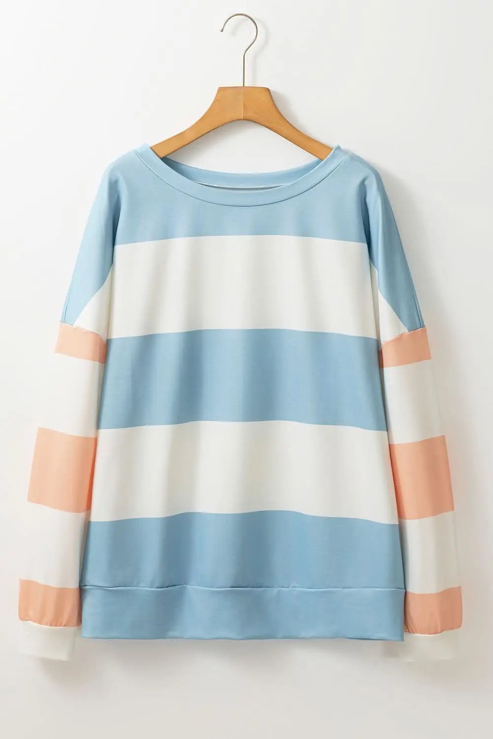 Light Blue Colorblock Striped Drop Shoulder Long Sleeve Top - Love Salve 