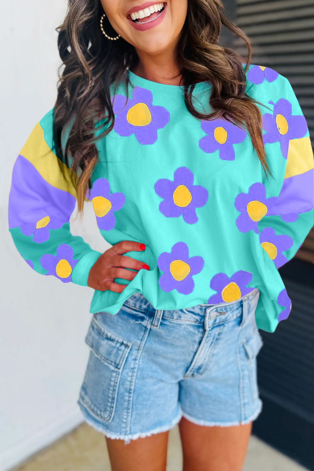 Sky blue floral long sleeve top - Love Salve 