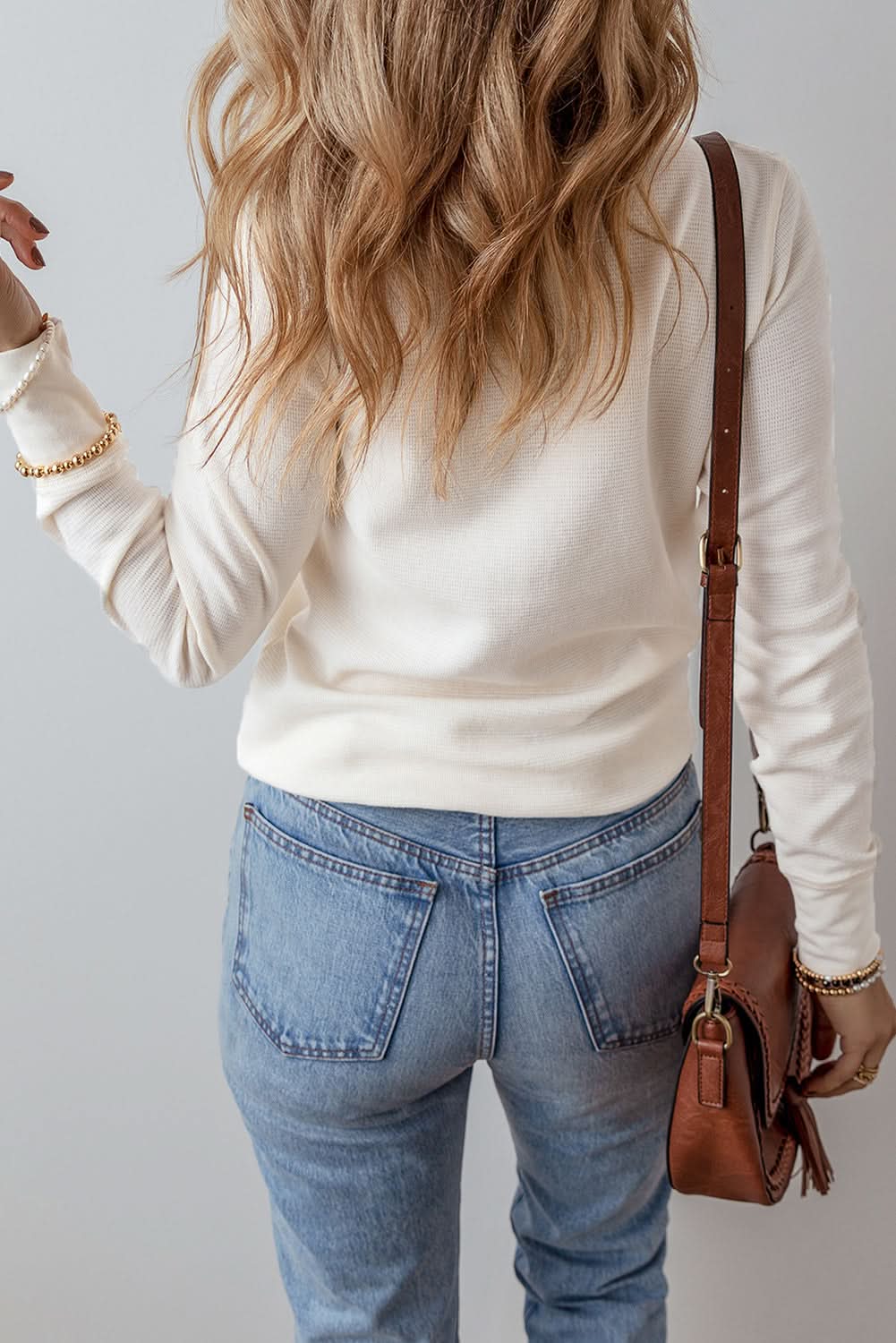 White Solid Color Waffle Half Button Long Sleeve Top - Love Salve 