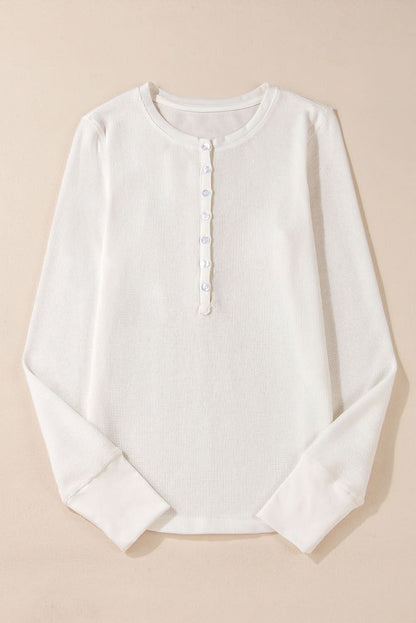 White Solid Color Waffle Half Button Long Sleeve Top - Love Salve 