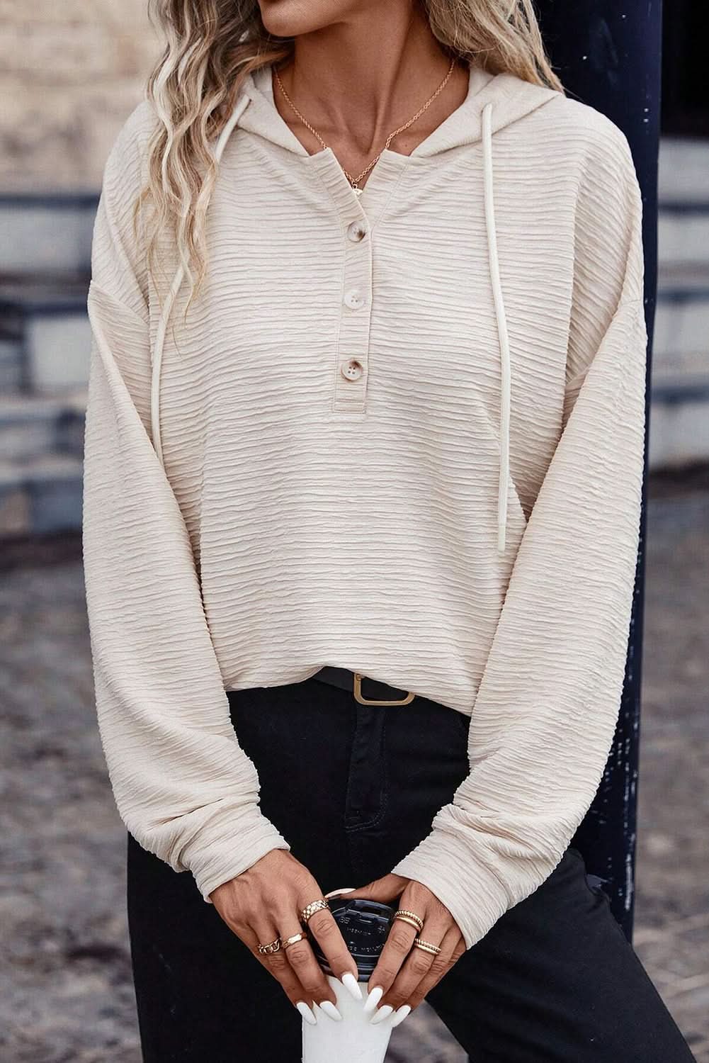 Apricot Solid Textured Drawstring Henley Hoodie - Love Salve 