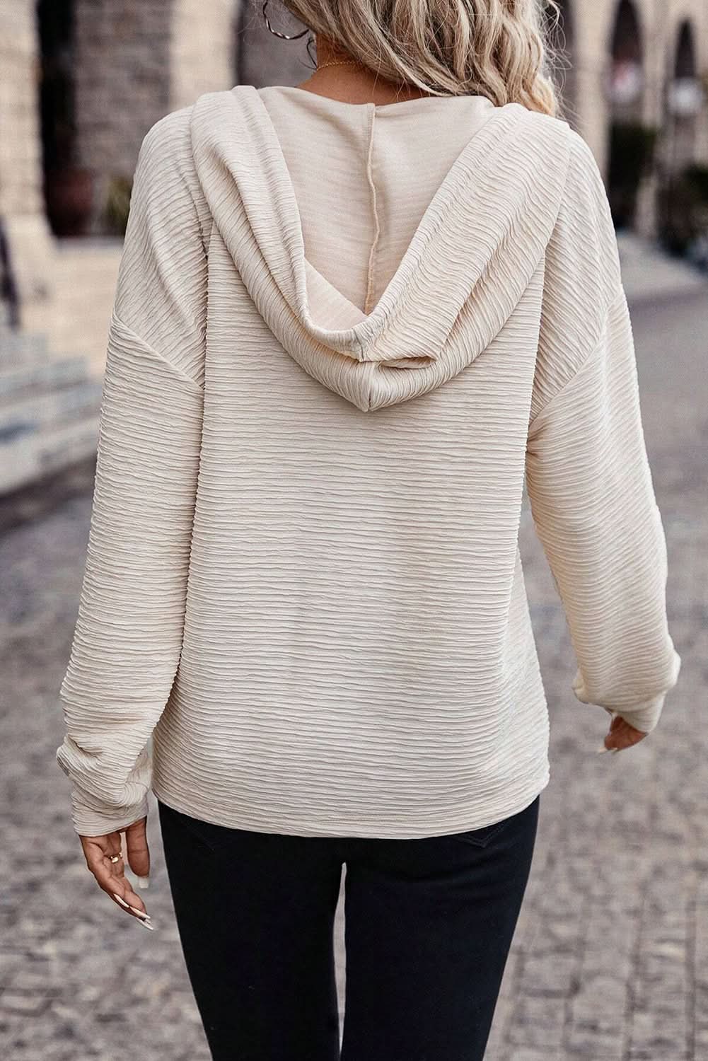 Apricot Solid Textured Drawstring Henley Hoodie - Love Salve 