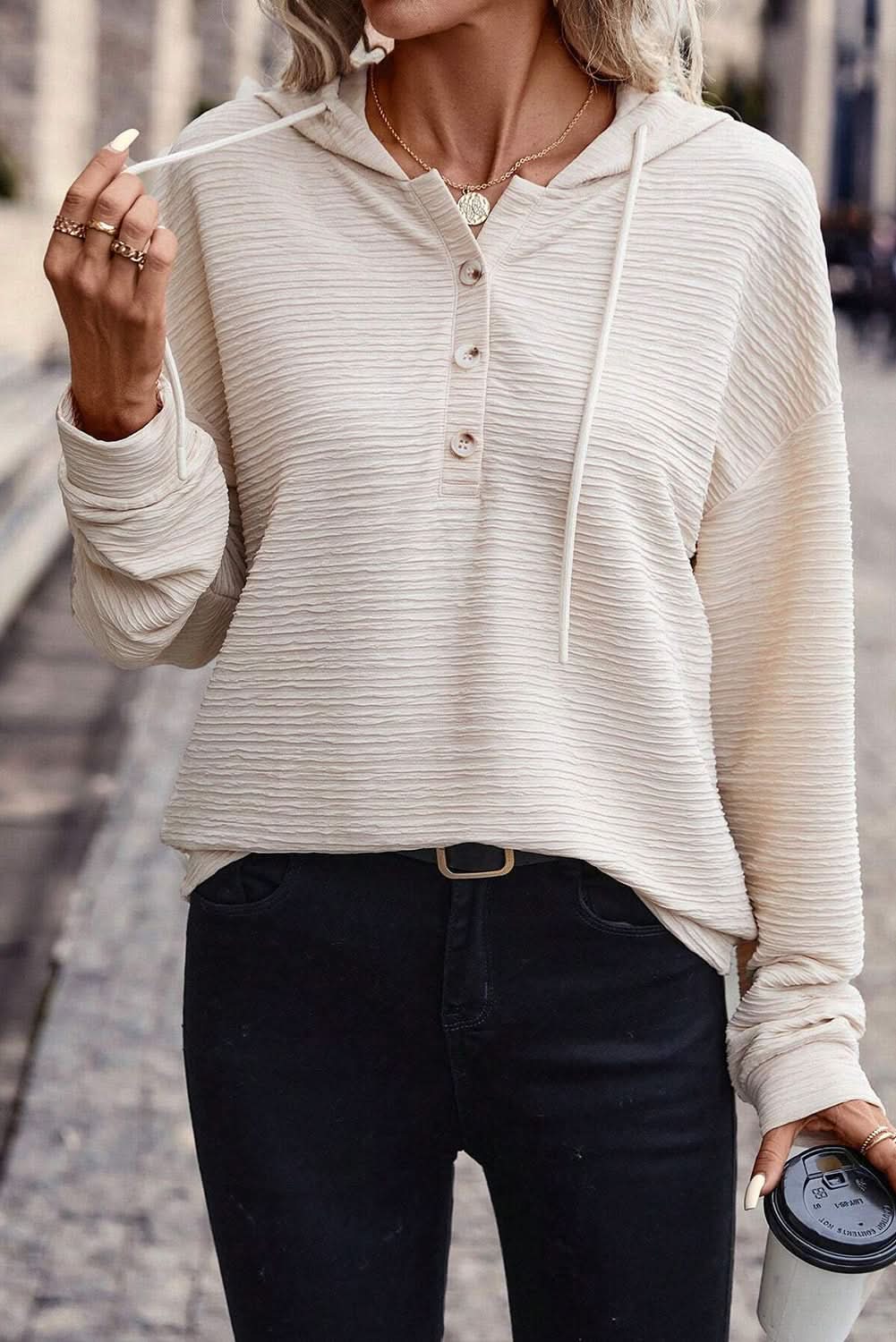 Apricot Solid Textured Drawstring Henley Hoodie - Love Salve 