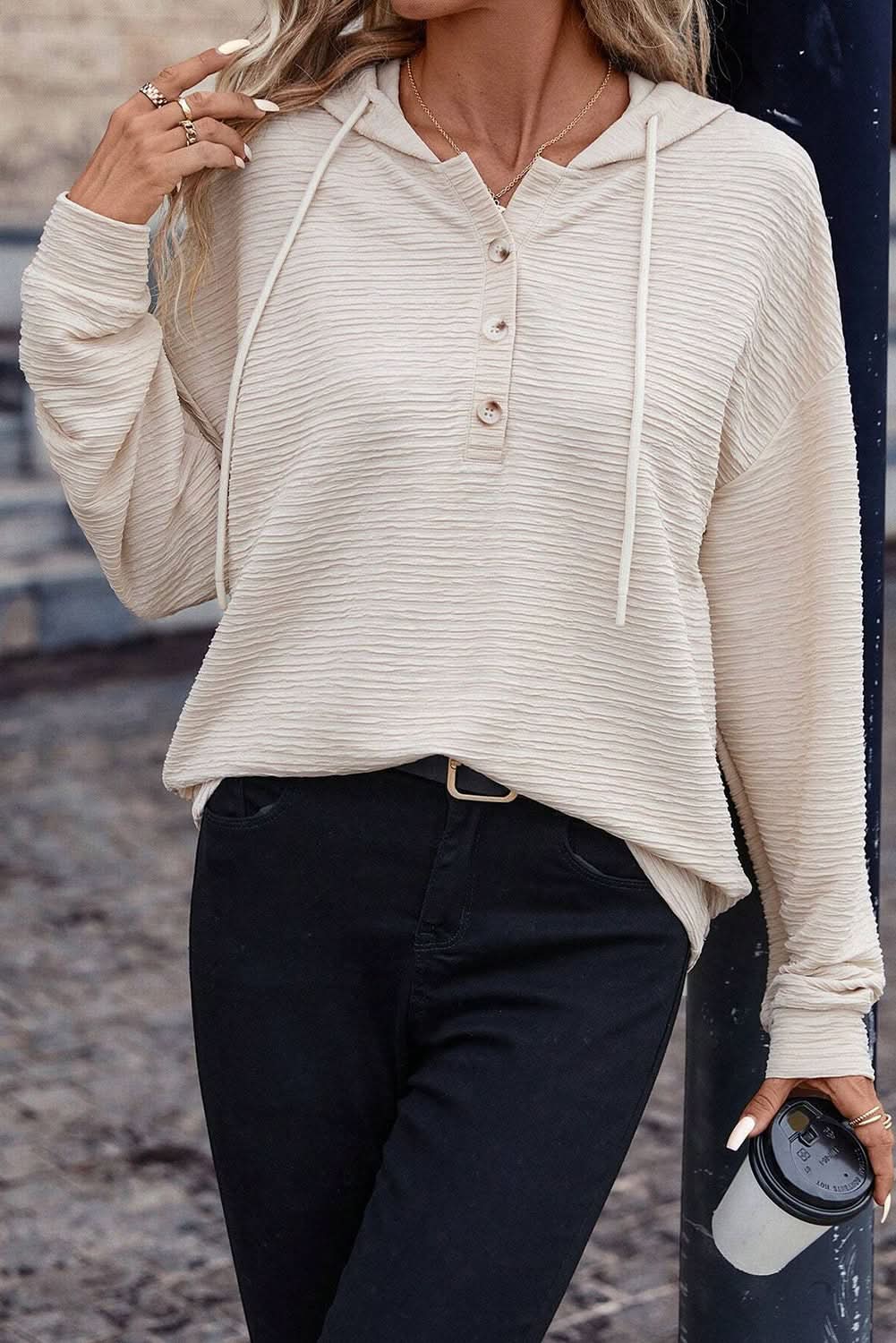 Apricot Solid Textured Drawstring Henley Hoodie - Love Salve 