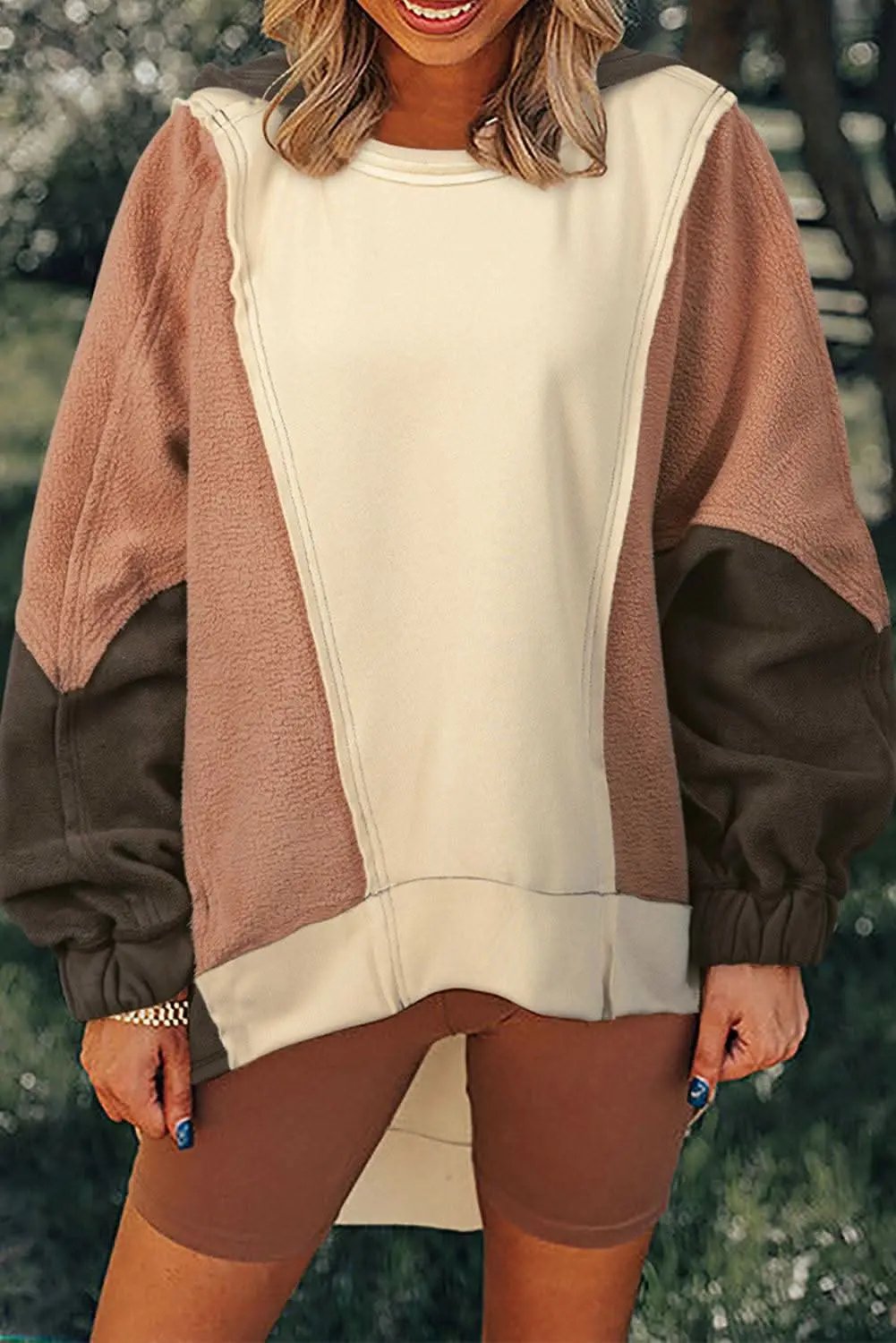 Beige Oversized Color Block Patchwork High Low Hoodie - Love Salve 