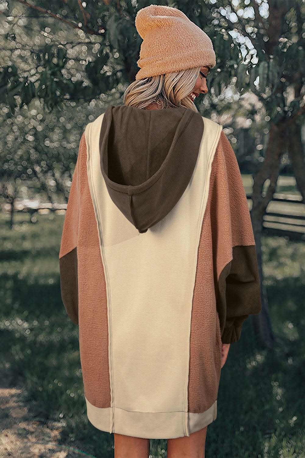 Beige Oversized Color Block Patchwork High Low Hoodie - Love Salve 