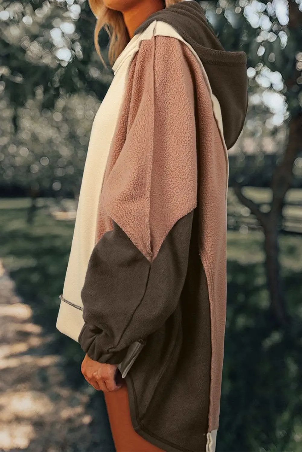 Beige Oversized Color Block Patchwork High Low Hoodie - Love Salve 