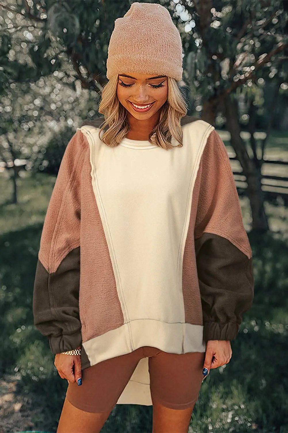 Beige Oversized Color Block Patchwork High Low Hoodie - Love Salve 