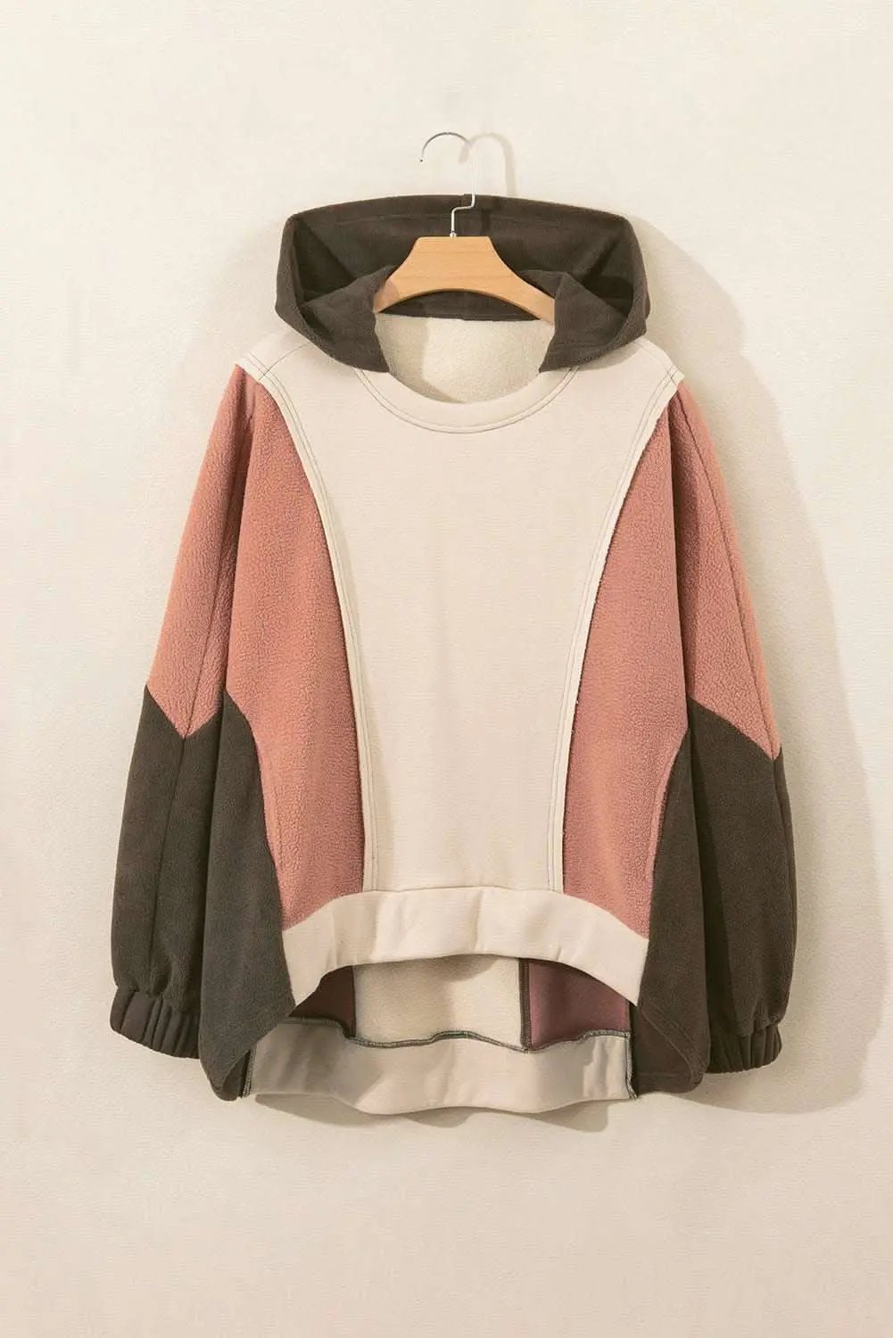 Beige Oversized Color Block Patchwork High Low Hoodie - Love Salve 