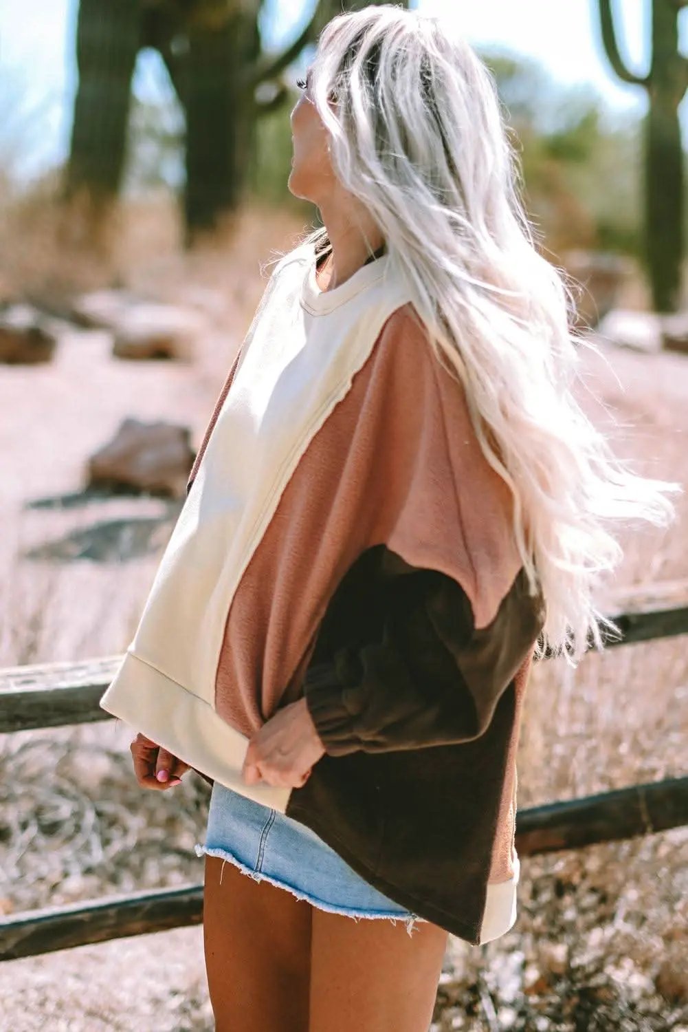 Beige Oversized Color Block Patchwork High Low Hoodie - Love Salve 
