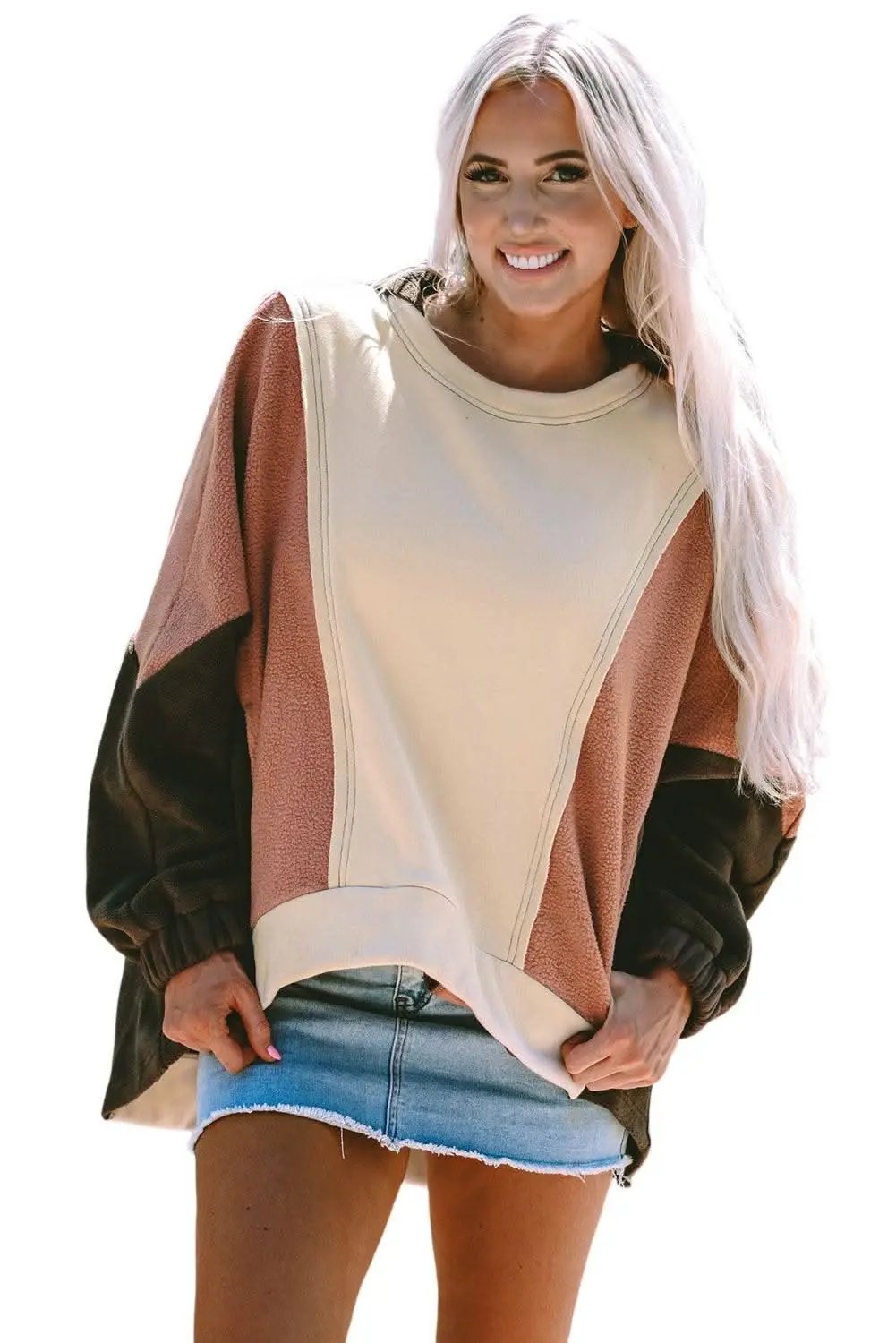 Beige Oversized Color Block Patchwork High Low Hoodie - Love Salve 