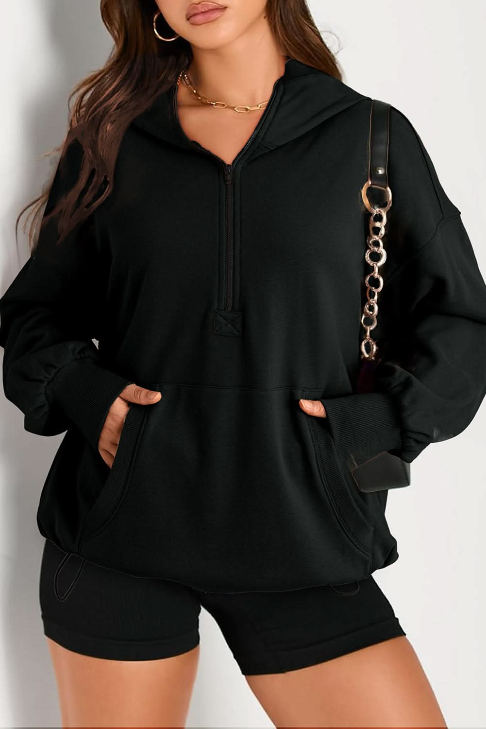 Black Solid Kangaroo Pocket Half Zipper Oversized Hoodie - Love Salve 