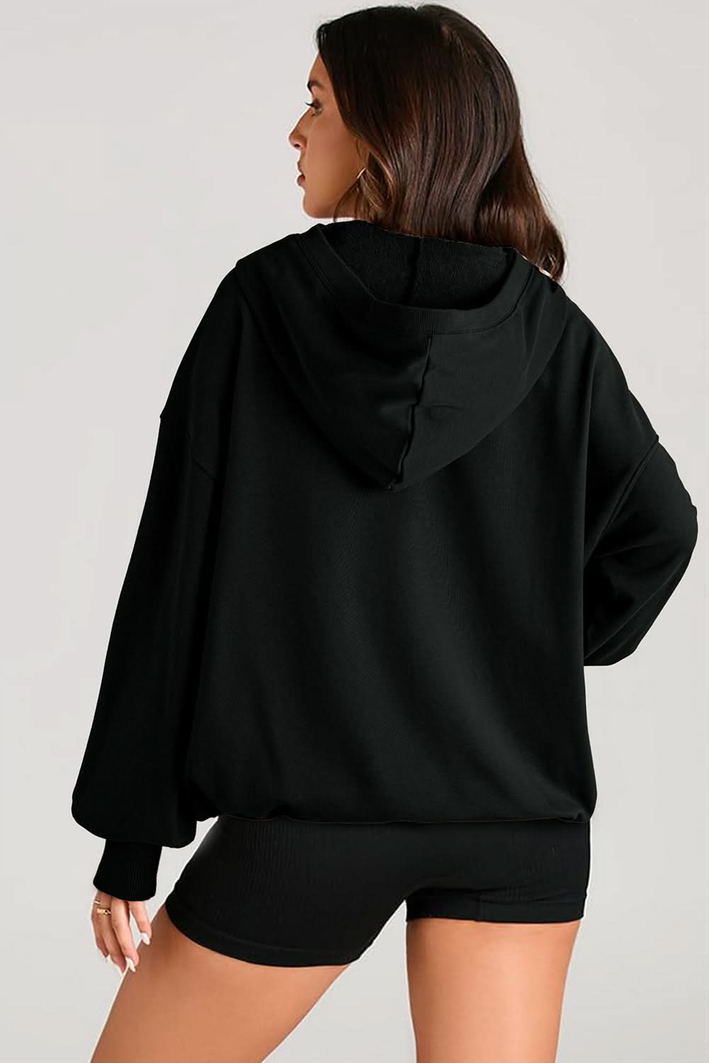 Black Solid Kangaroo Pocket Half Zipper Oversized Hoodie - Love Salve 
