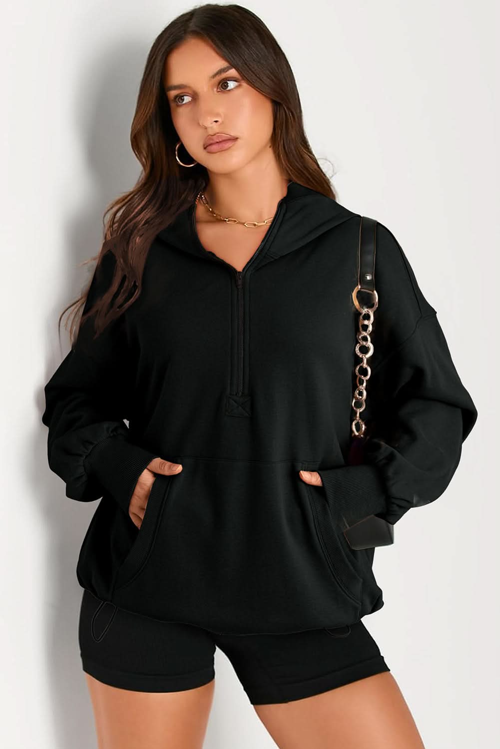 Black Solid Kangaroo Pocket Half Zipper Oversized Hoodie - Love Salve 