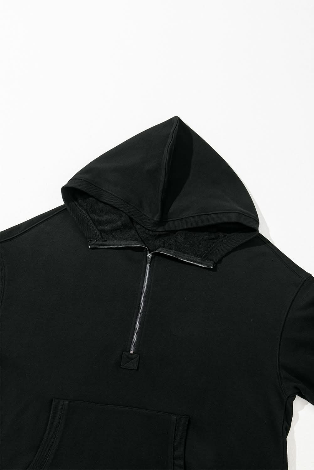 Black Solid Kangaroo Pocket Half Zipper Oversized Hoodie - Love Salve 