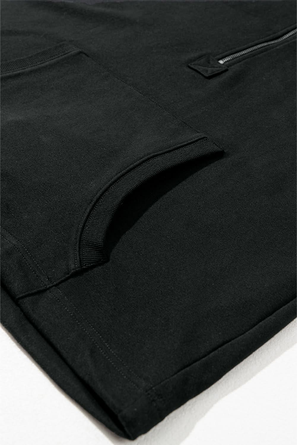Black Solid Kangaroo Pocket Half Zipper Oversized Hoodie - Love Salve 