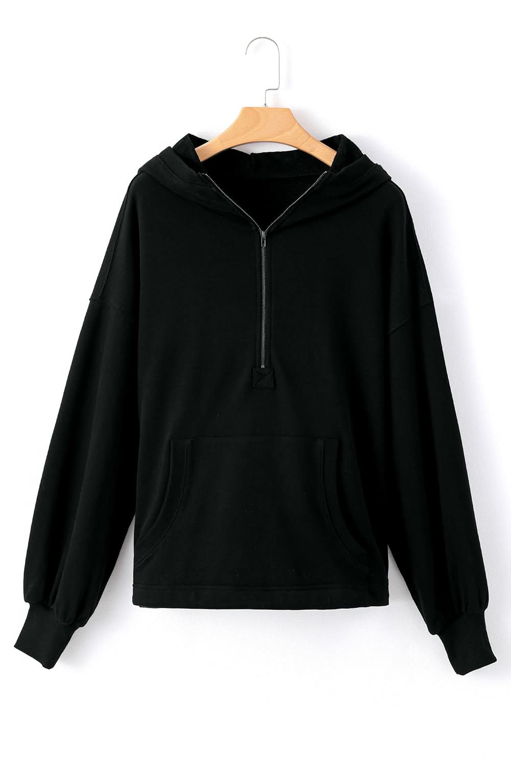Black Solid Kangaroo Pocket Half Zipper Oversized Hoodie - Love Salve 
