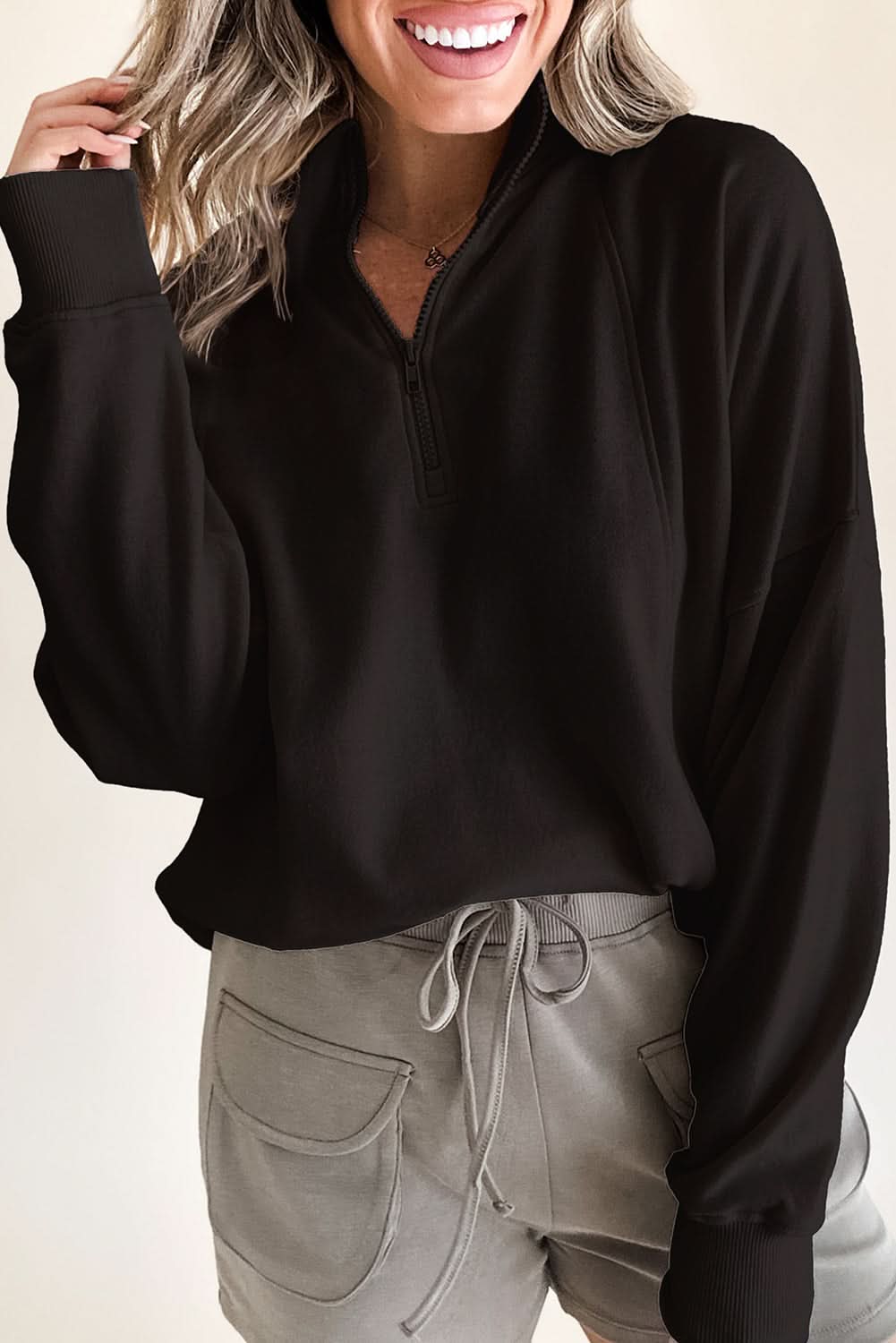 Black Zipped Neck Pullover Drop Shoulder Sweatshirt - Love Salve 
