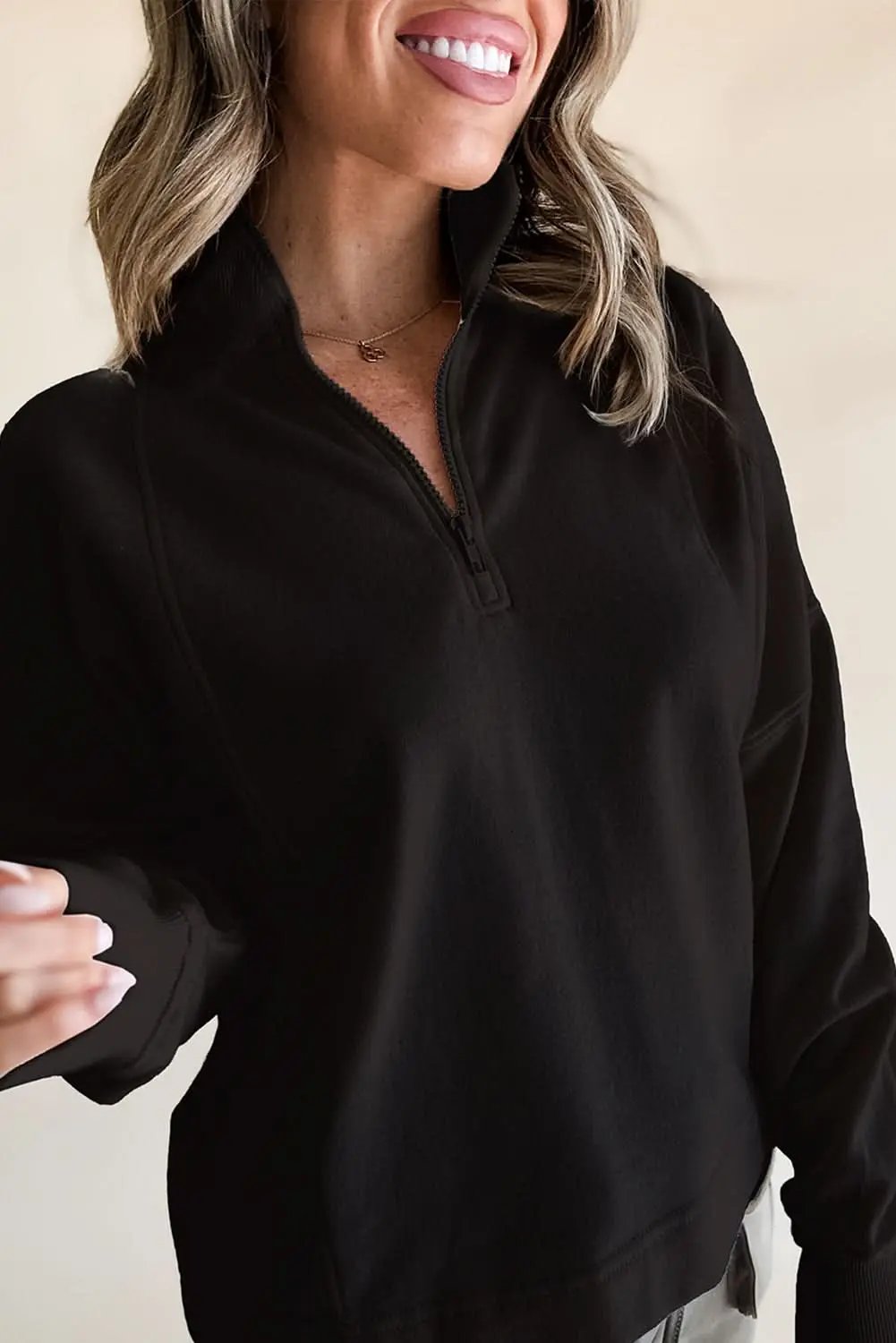 Black Zipped Neck Pullover Drop Shoulder Sweatshirt - Love Salve 