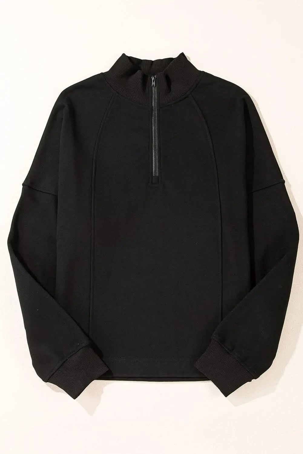 Black Zipped Neck Pullover Drop Shoulder Sweatshirt - Love Salve 