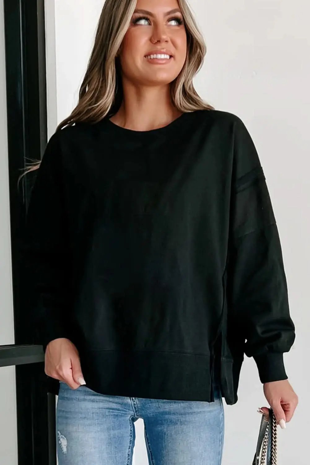 Chic black drop shoulder sweatshirt - Love Salve 