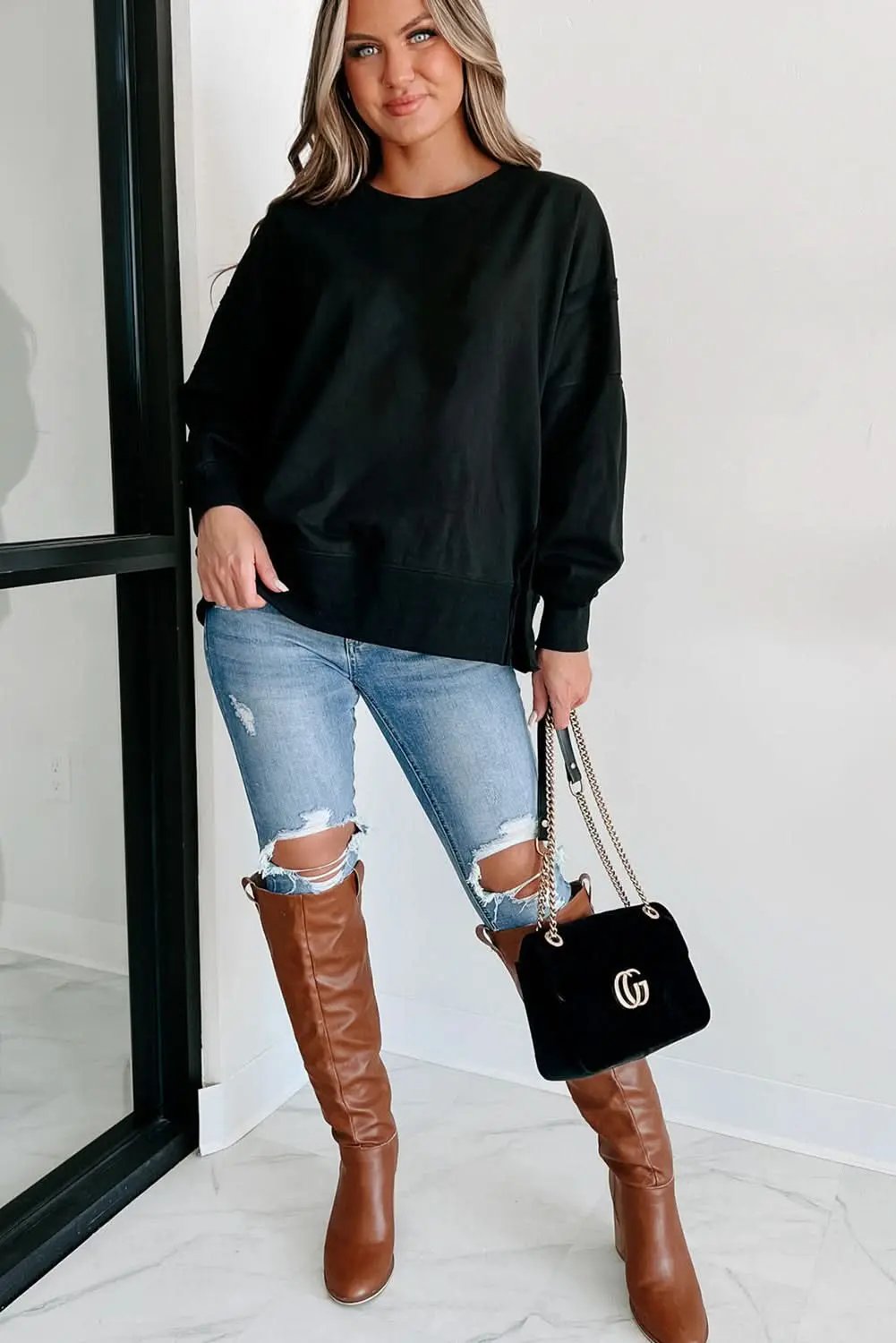 Chic black drop shoulder sweatshirt - Love Salve 