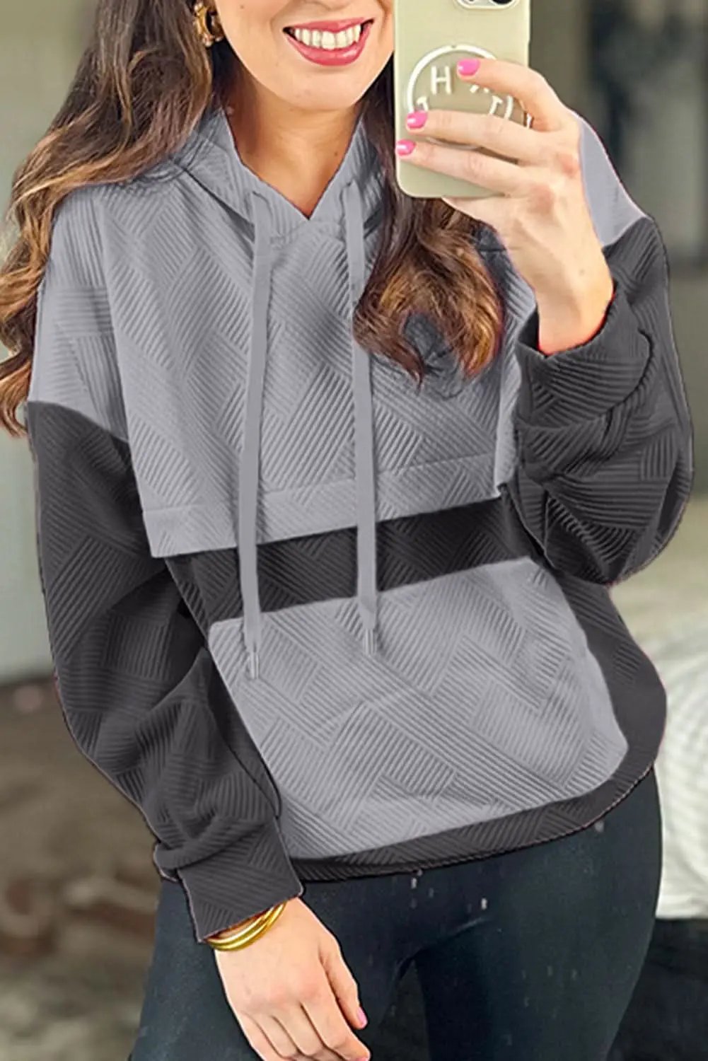 Gray color block drop shoulder hoodie - Love Salve 