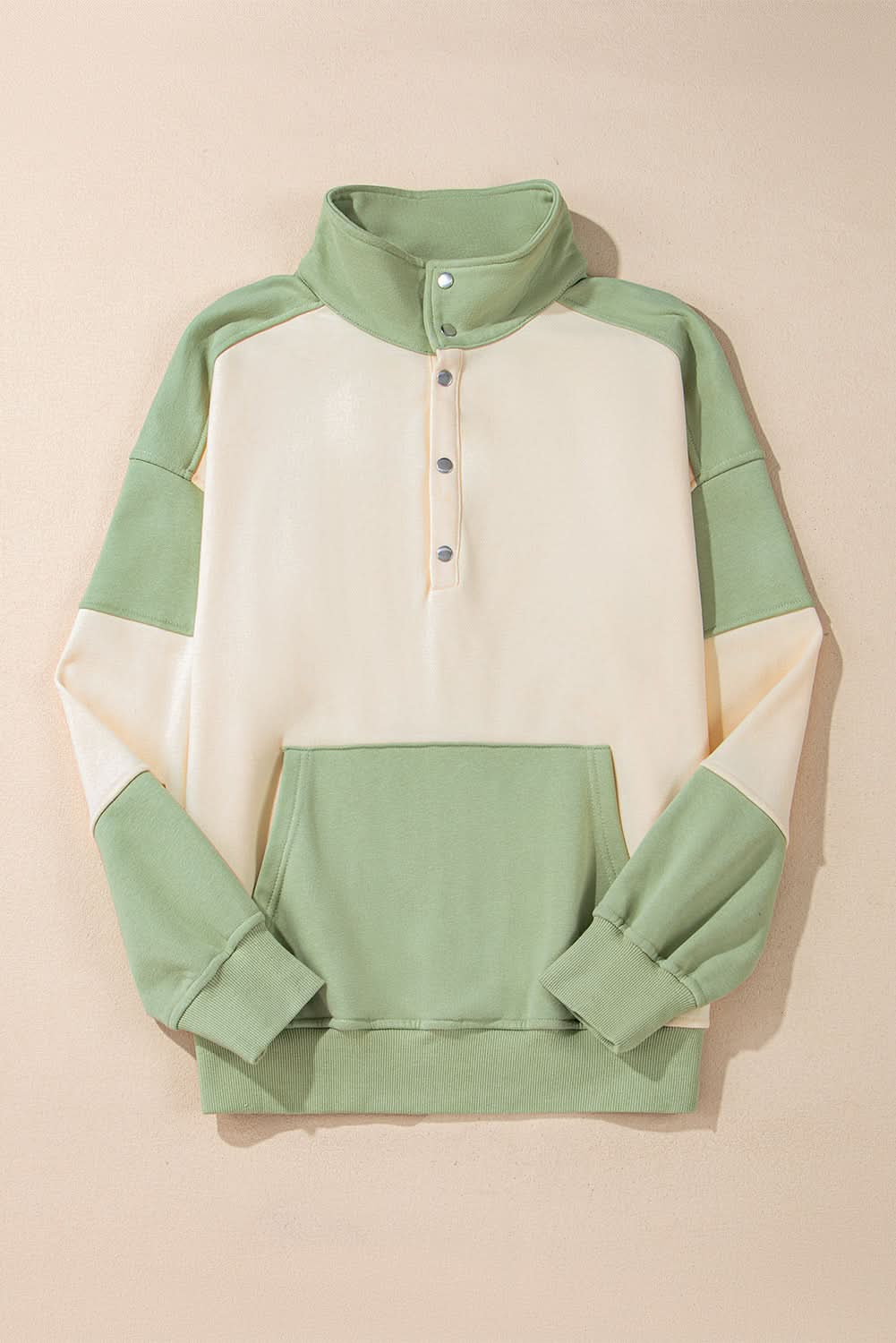 Laurel Green Colorblock Patchwork Buttoned Collar Kangaroo Pocket Sweatshirt - Love Salve 
