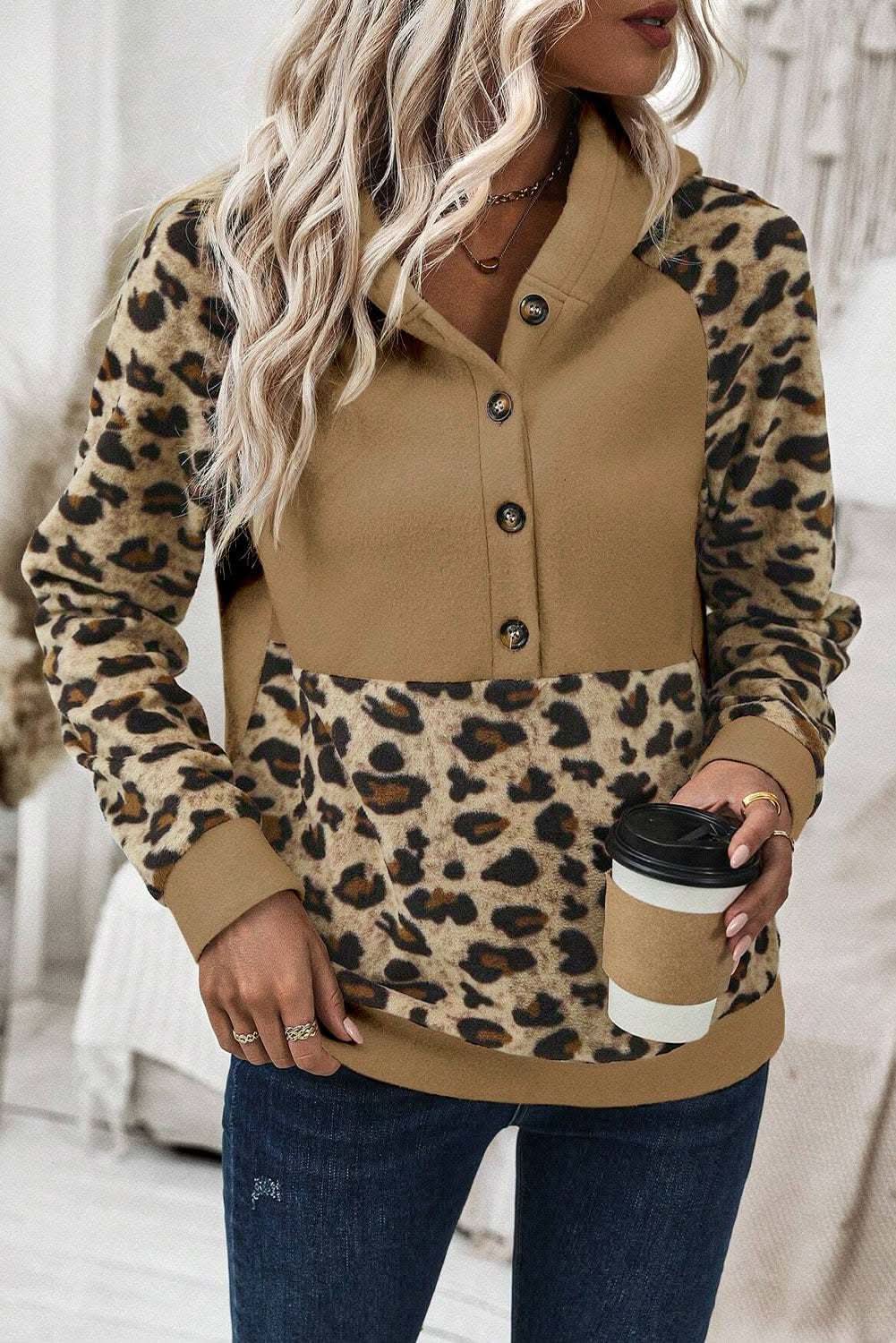 Light French Beige Leopard Print Patchwork Raglan Sleeve Half Buttons Hoodie - Love Salve 