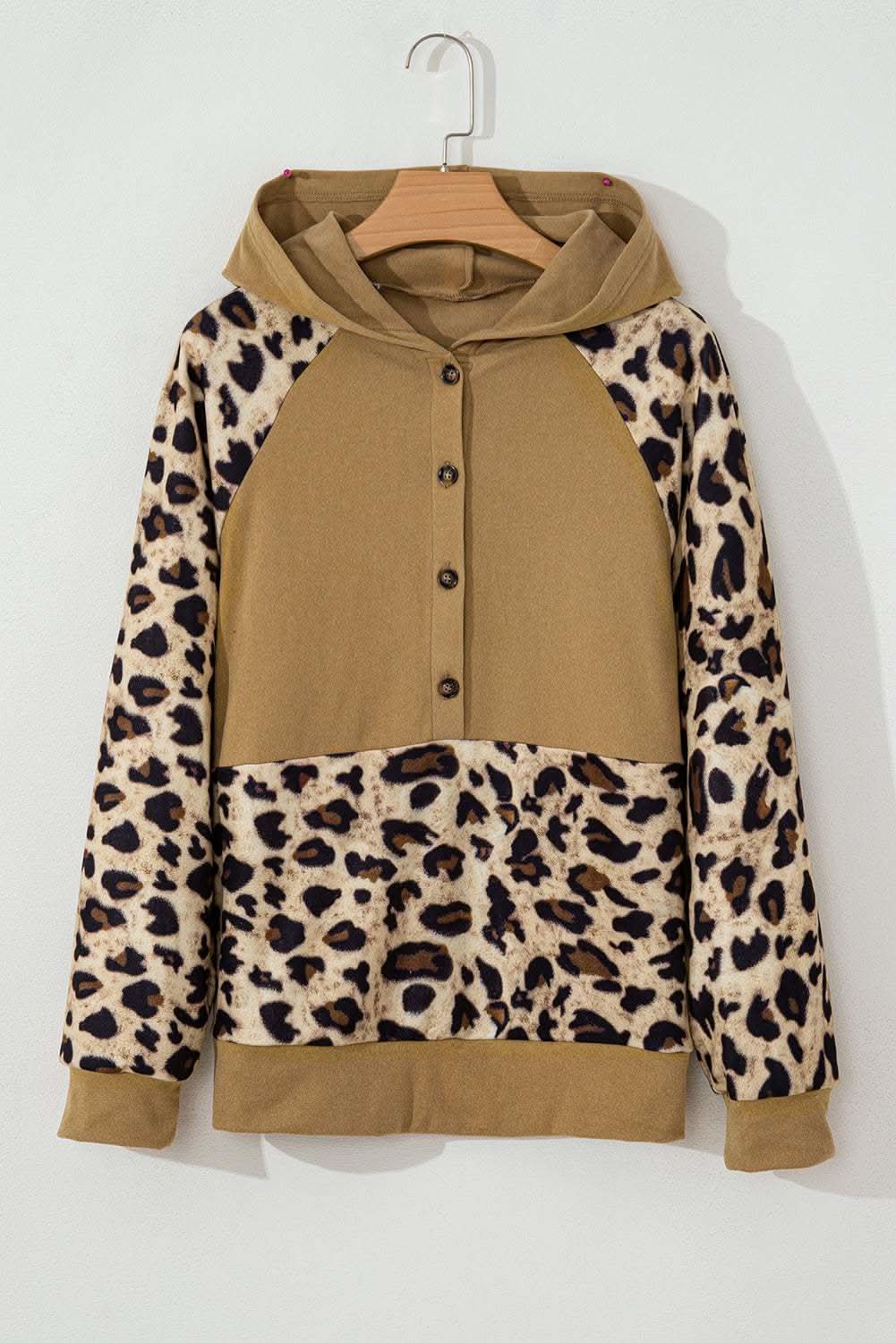 Light French Beige Leopard Print Patchwork Raglan Sleeve Half Buttons Hoodie - Love Salve 