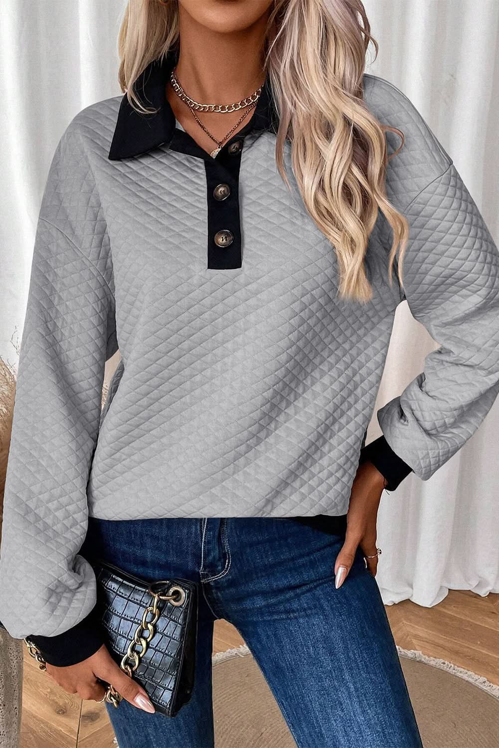 Light Grey Textured Colorblock Edge Buttoned Collar Sweatshirt - Love Salve 