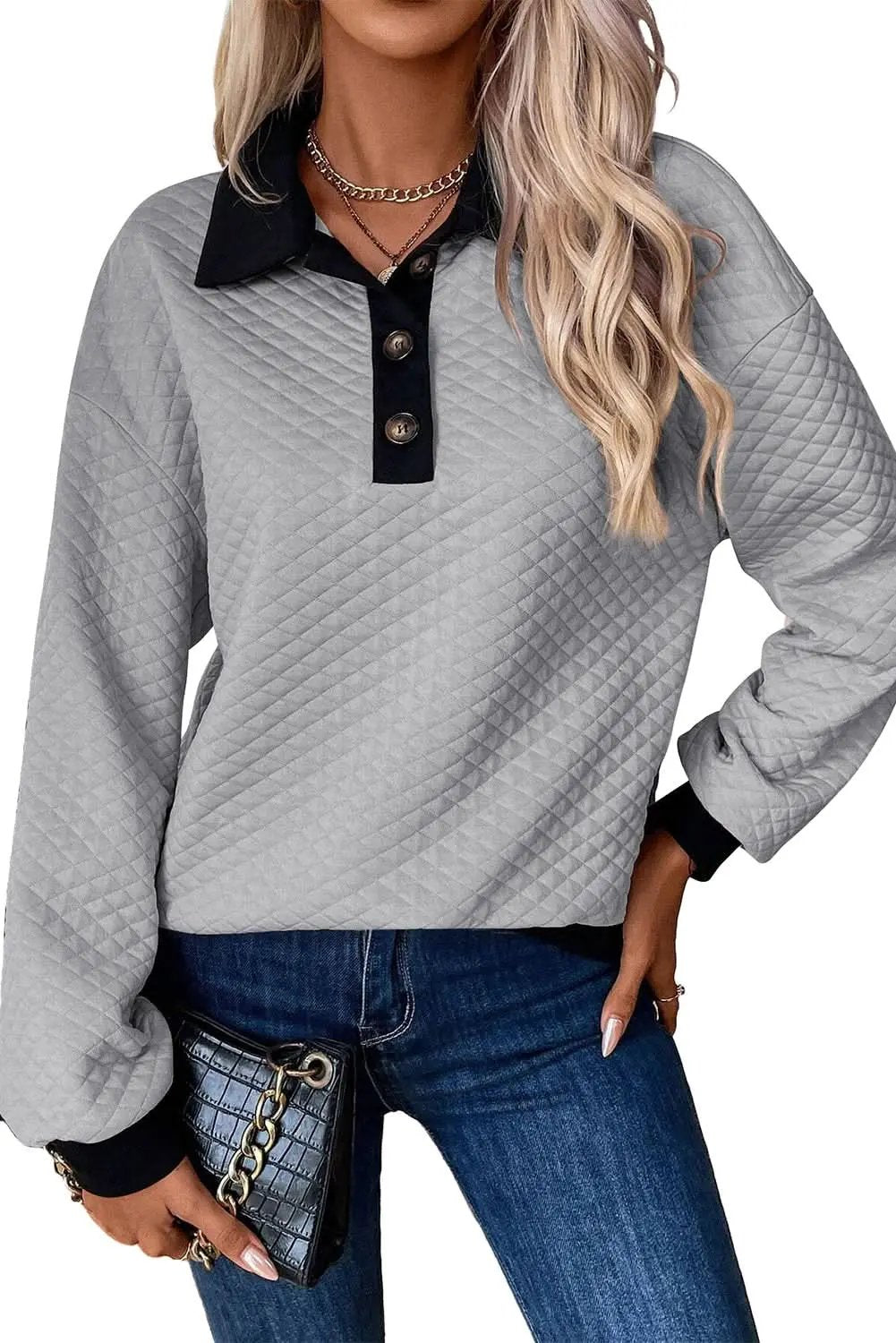 Light Grey Textured Colorblock Edge Buttoned Collar Sweatshirt - Love Salve 