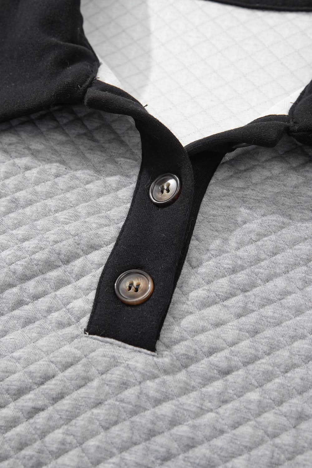 Light Grey Textured Colorblock Edge Buttoned Collar Sweatshirt - Love Salve 