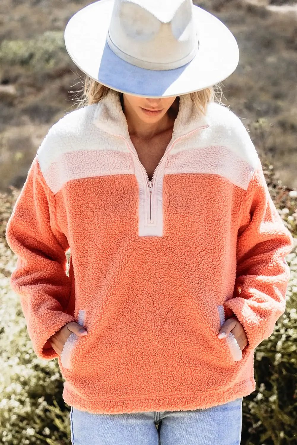 Orange Colorblock Sherpa Sweatshirt - Love Salve 