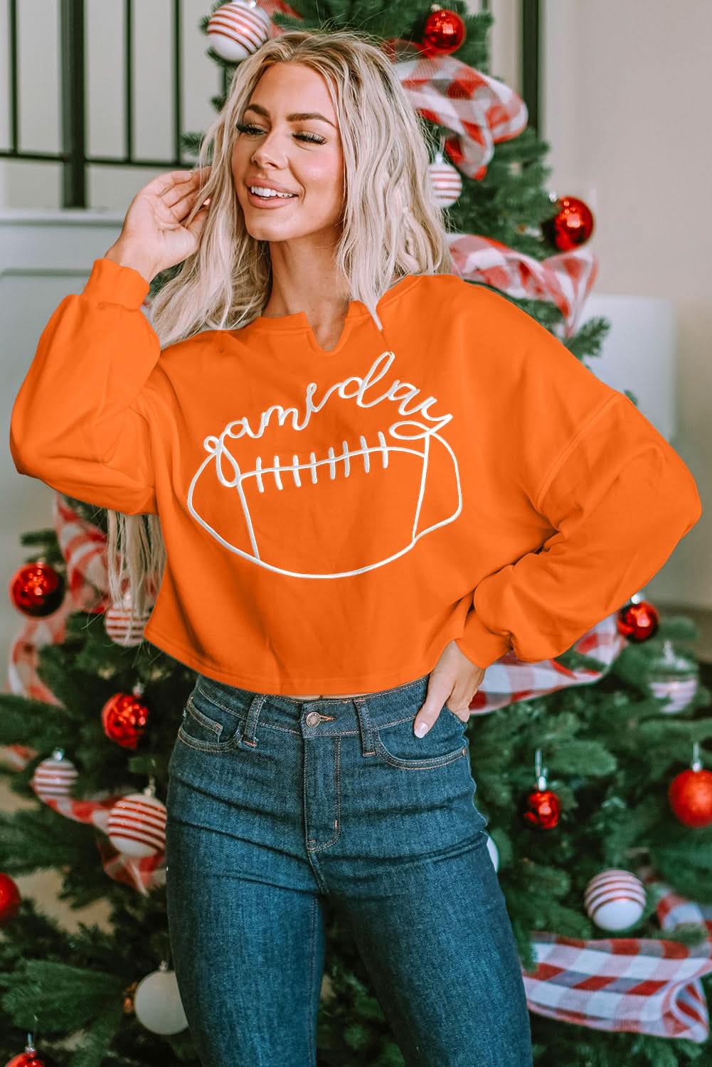 Orange Game Day Lettering Rugby Football Notched Neck Sweatshirt - Love Salve 