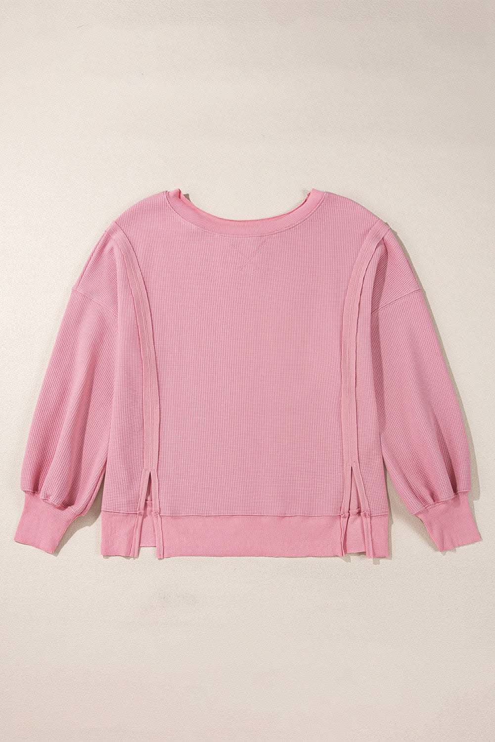 Pink Waffle Knit Bishop Sleeve Split Oversized Sweatshirt - Love Salve 